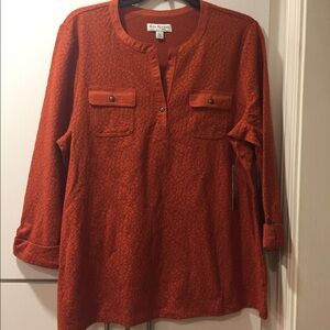 Kim Rogers Camp Shirt Roll Tab Sleeve Rust- - Petite XL